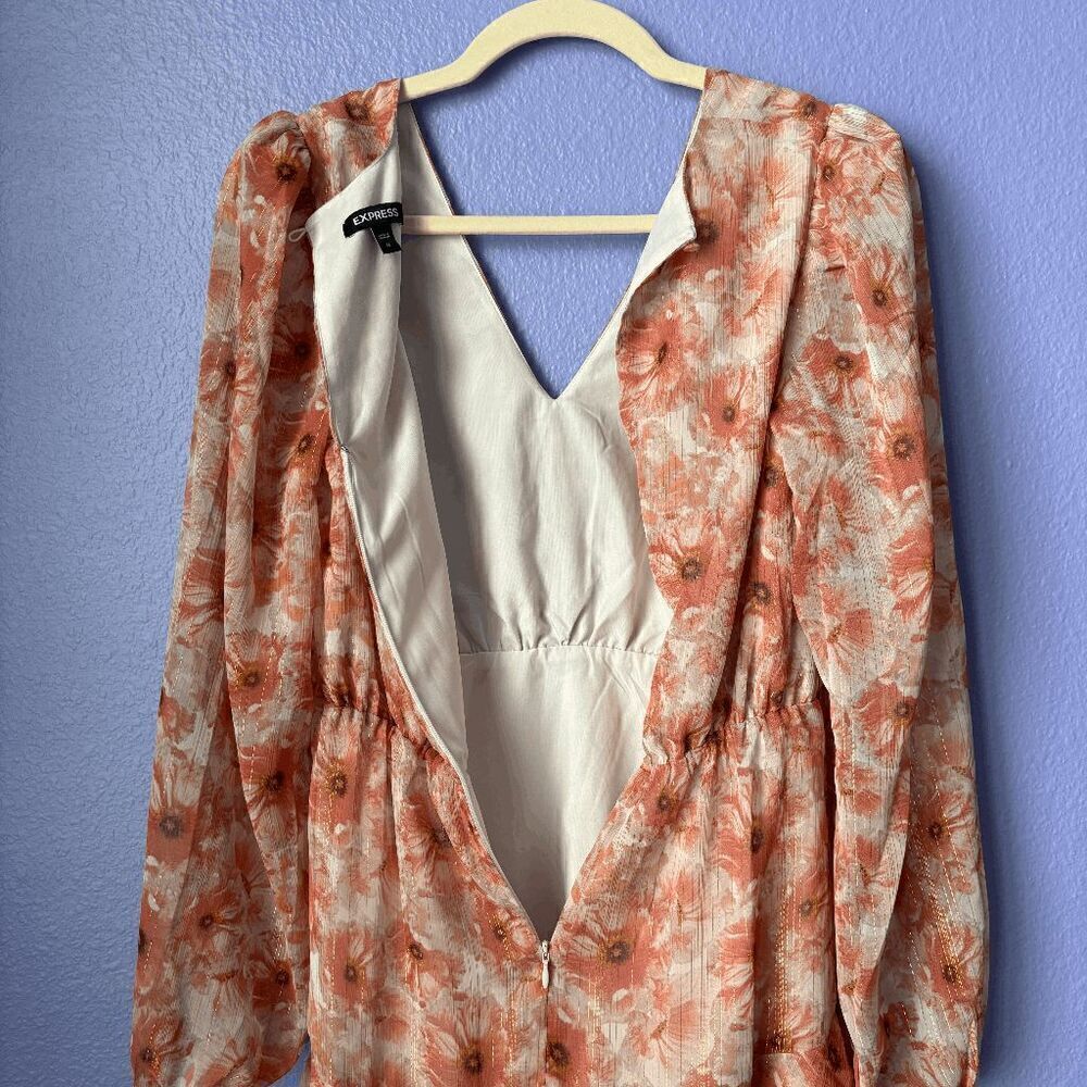 Express Metallic Floral Print Ruched Waist Ruffle Hem Mini Dress Multi-Color XS - Picture 3 of 7